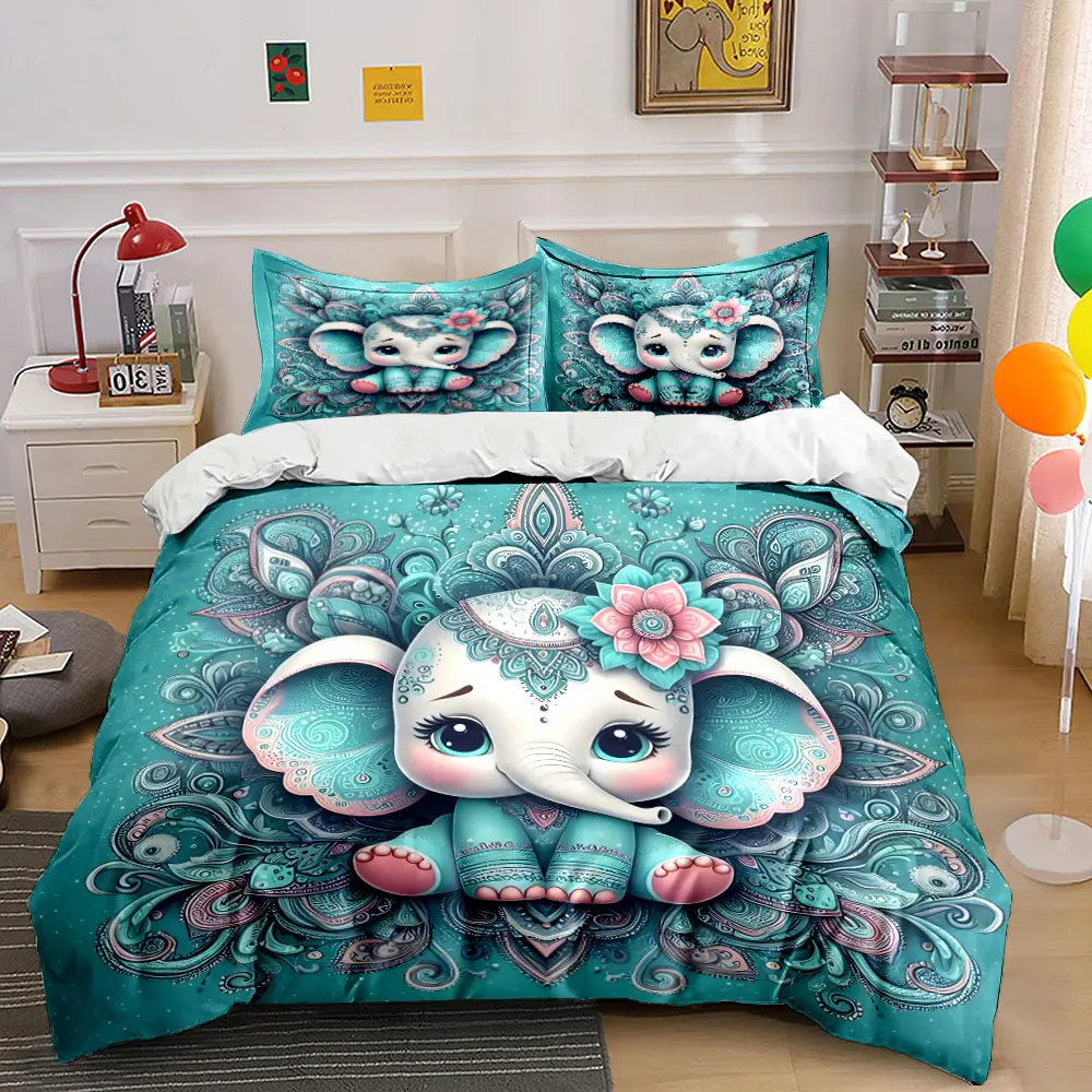 Adorable elephant with patterns. Print Bedding Set 1 Duvet Cover 2 Pillowcases for Adult and Children Luxury Gift Full Size
