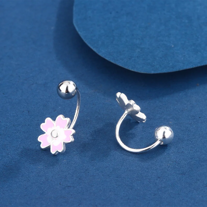 Fashion Pink Sweet Cherry Blossoms Screw Back Stud Earring for Women Cartilage Hoop Earrings Piercing Jewelry Accessories