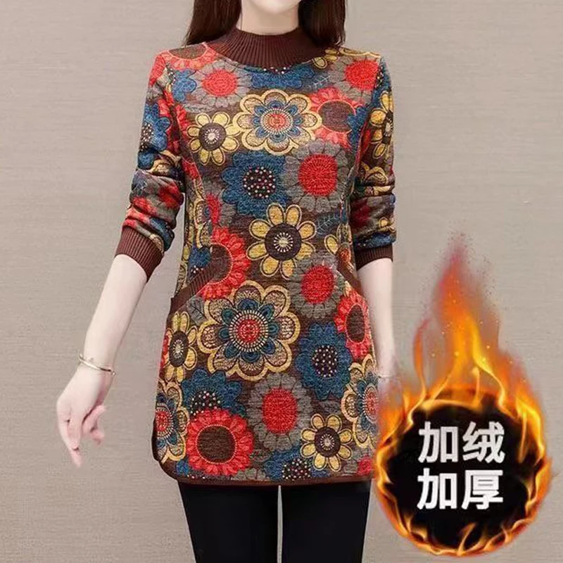 Winter Middle Aged Women Fashion Retro Floral Print Fleece Thick Sweatshirts Ladies Casual Long Sleeve Loose Pullover Tunic Tops