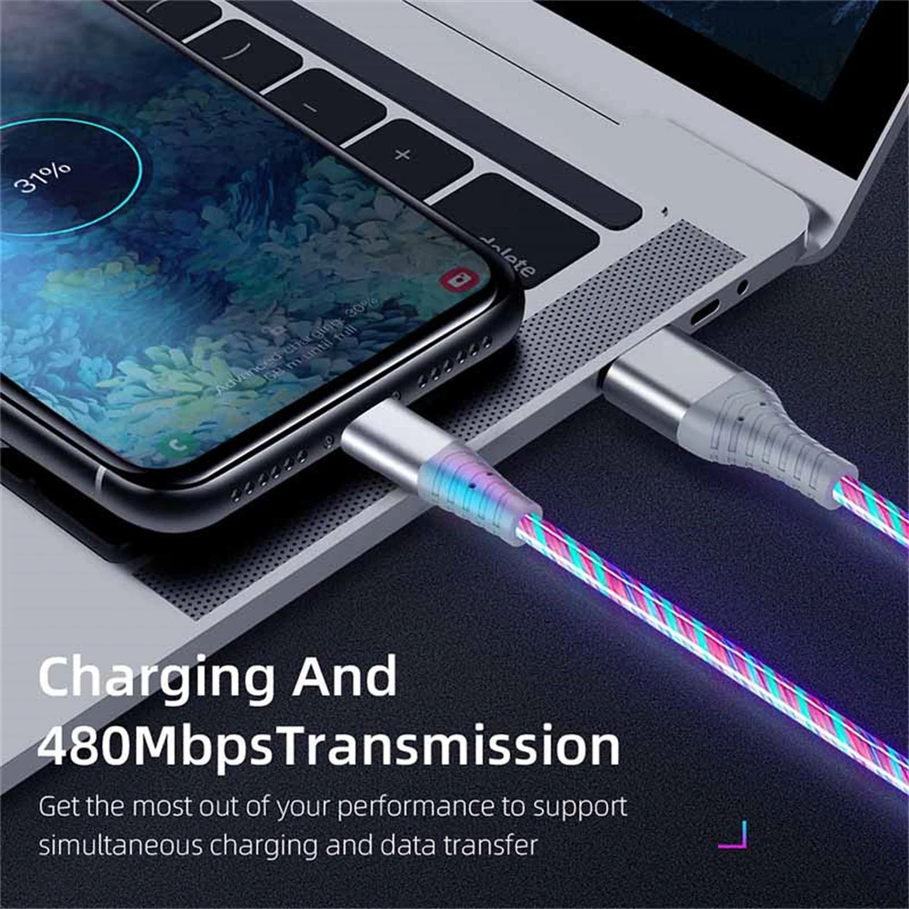 100W Glowing LED Cable 7A Micro USB Type C Data Cable Flowing Streamer USB C Cord Fast Charging for Huawei Xiaomi Samsung