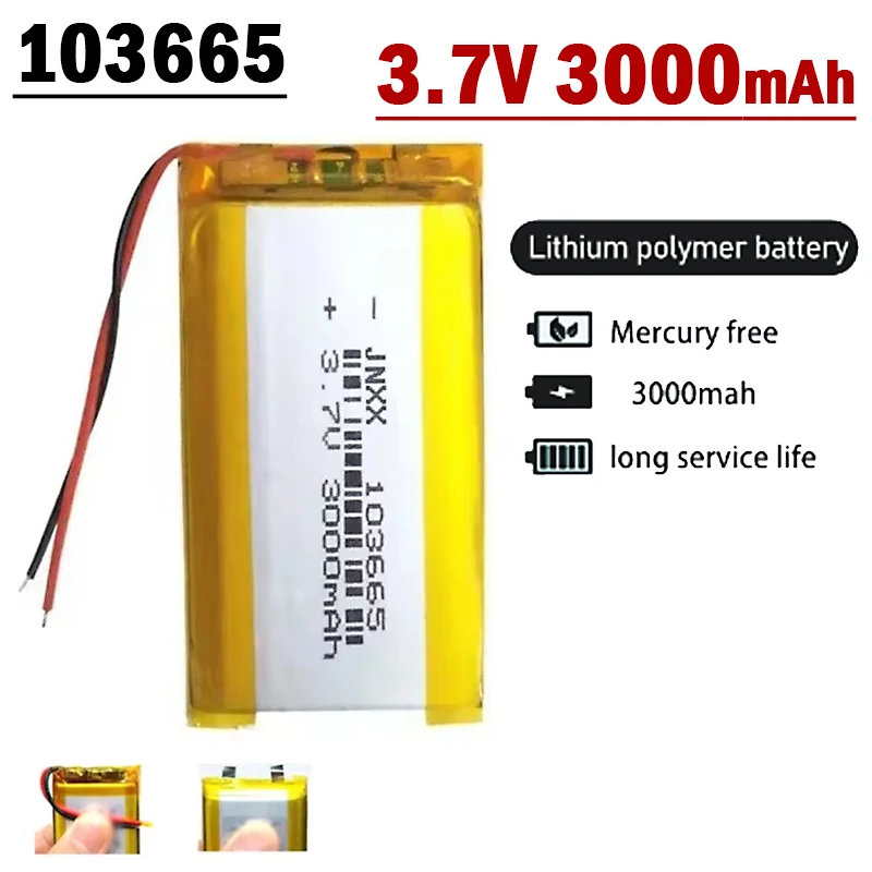 New 3.7V 3000mAh 103665 Rechargeable Battery Gps Polymer Lithium Battery for LED Light Driving Recorder PSP Bluetooth Speaker