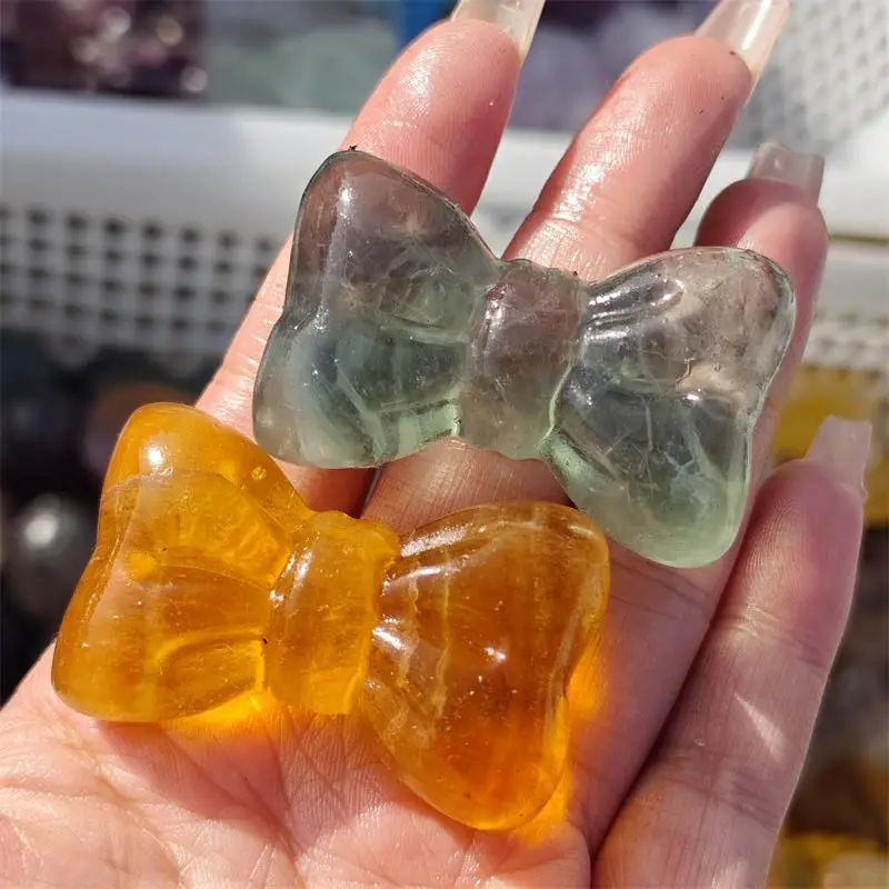 Natural Fluorite Bowknot Carving Handmade Powerful Statue Healing For Home Decoration Lucky Gift 1PCS