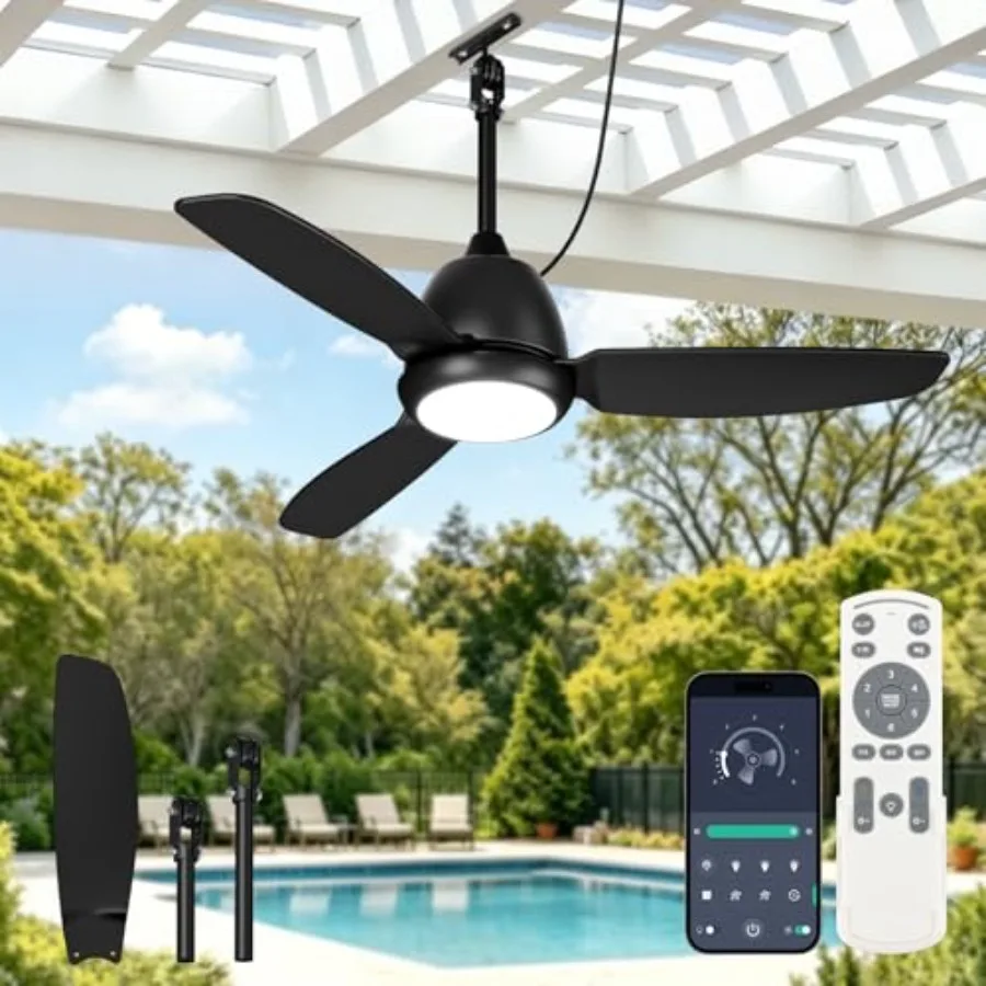 

Outdoor ceiling fan with light for patios, 42in weatherproof plug-in fan, 3CCT dimmable gazebo fan with remote APP control, bla
