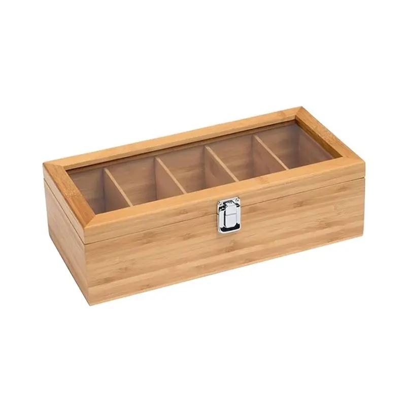 YANA50I Tea Bag Holder, 5 Compartment Bamboo Tea Box Organizer With Acrylic Glass Lid, Holds Creamers, Sugar, Coffee Pods