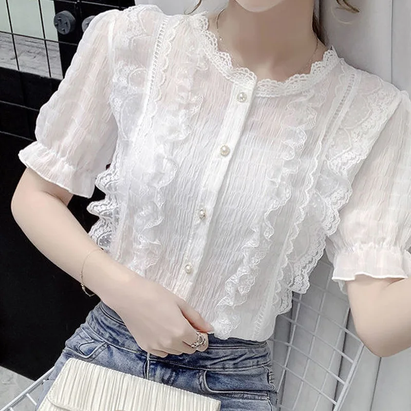 Solid Color Ladies Lace Hollow Out Blouses Short Sleeve Tops Summer Office Lady Interior Lapping 2024 New White Women\'s Clothing