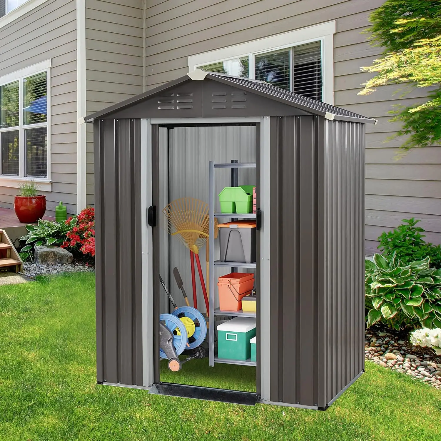 5 x 3 x 6 FT Outdoor Storage Shed, Metal Tool Shed Clearance Garden Steel Shed with Side Window and Lockable Door, Customized