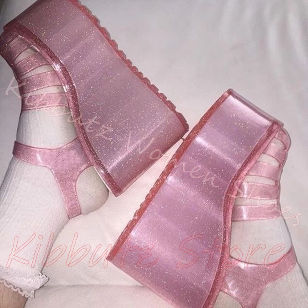 Platform Glitter Jelly Sandals Women Hollow Cage Ankle Buckle Strap Wedge Sole Transparent Beach Festival Casual Footwear Shoes view 2