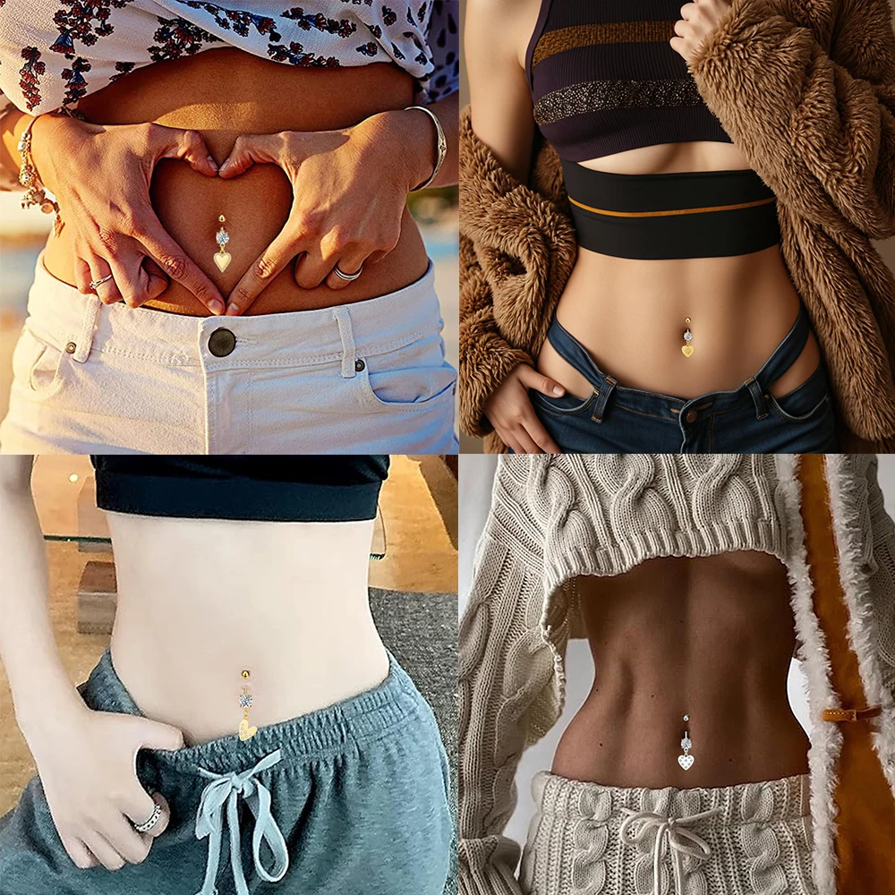 Mixed-Style Heart Dangled Belly Button Ring Gold Color Wing Flower Crystal Zircon Belly Piercing Nombril Navel Jewelry for Women