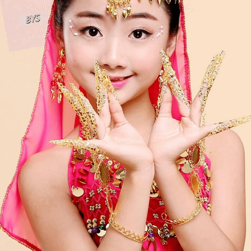 

1 pair Gold Color Golden Finger Bracelet Indian Thai Antique Style Indian Dance Finger Tip Hand Rings Red Gem