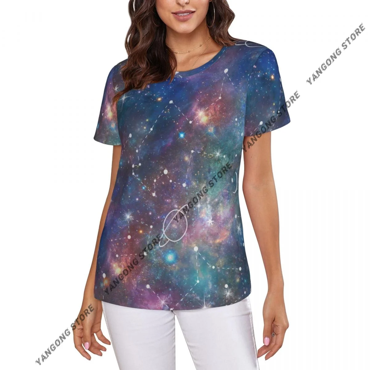 Women's T-shirt Constellation Moon And Planet Galaxy Tshirt Women Casual O-Neck Short Sleeve Tops Tees Clothing
