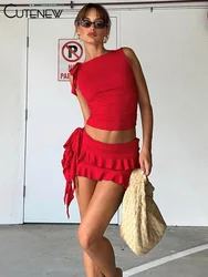 Cutenew-Conjunto de dos piezas para mujer, camisola con tirantes finos, minifalda ajustada a la cadera, ropa de calle femenina