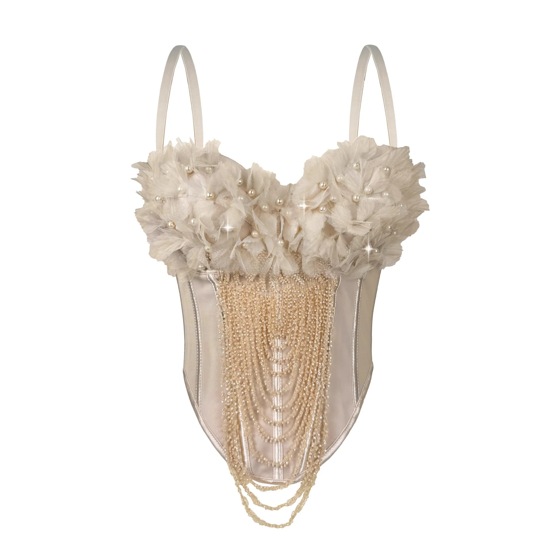 手作りフラワータッセルストラップベストセクシーバルクロップトップフィボネブラクロスボーダーニュースレニットウェアサマー2025