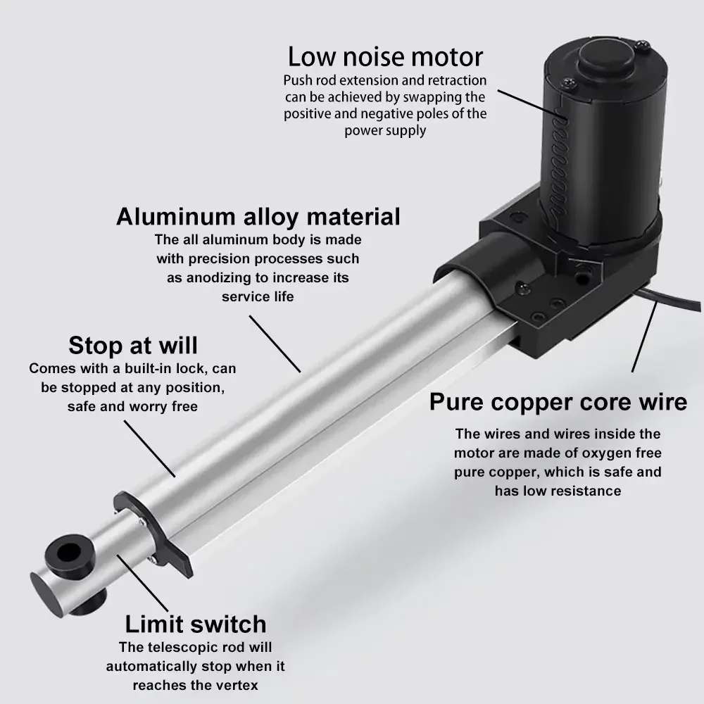 Linear Actuator 6000N Electric Push Rod  IP54 DC Motor Remote Rod 12-48V High Thrust Low Noise U-shape for Turning Bed Elevator