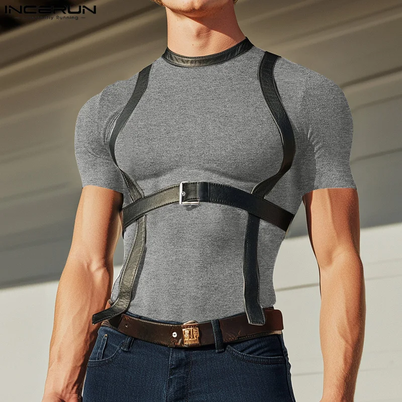 

INCERUN Summer Men T Shirt PU Leather Patchwork O-neck Short Sleeve Male Tee Tops Streetwear 2025 Fashion Skinny Men Clothing