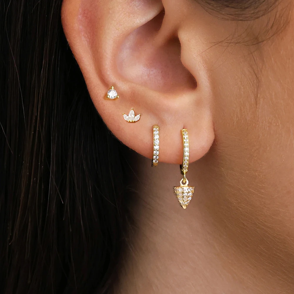 4PCS Fashion Zircon Spike Cone Hoop Earrings Set For Women Stackable Punk Hip-hop Stud Piercing Earring 2025 New Jewelry Gifts