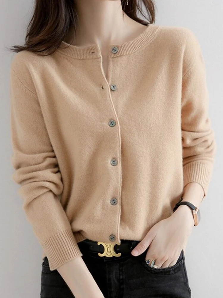 Women Knitted Cardigans Autumn Winter 2025 Round Neck Casual Long Sleeve Tops Solid Basic Soft Sweaters Female