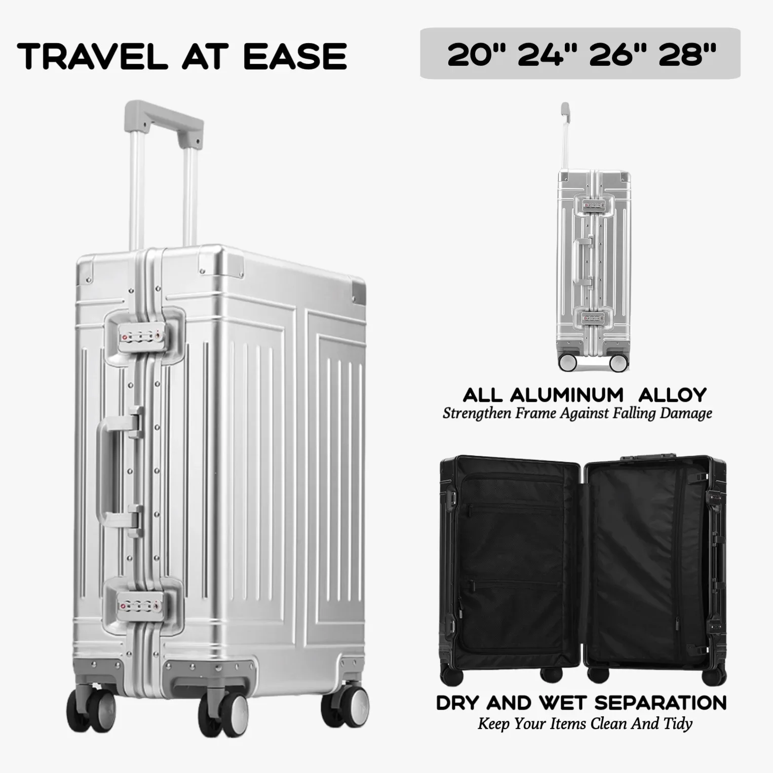 Ensemble de bagages durables pour hommes et femmes, valise en aluminium