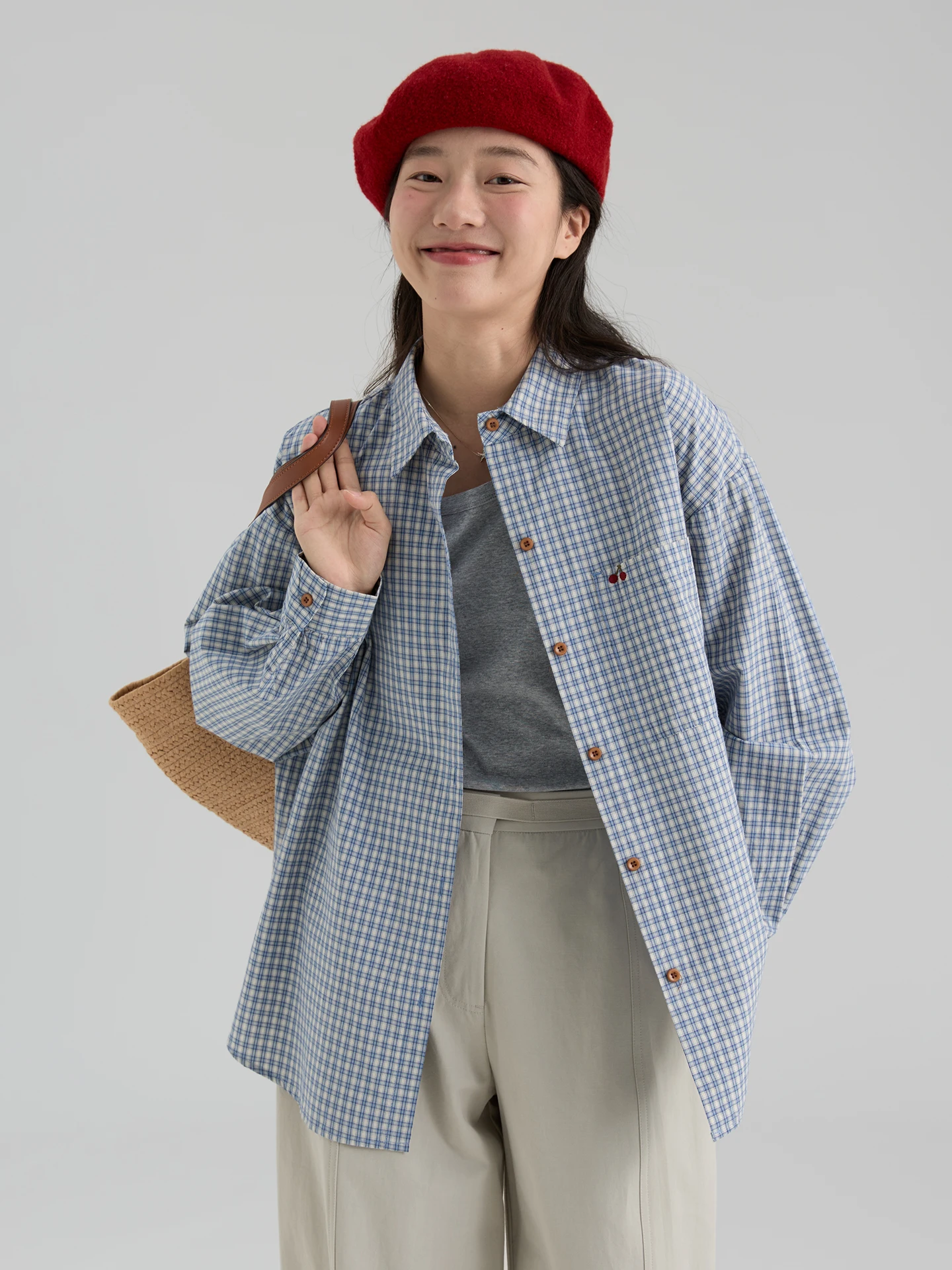 

Женская рубашка свободного кроя с длинным рукавом, весна 2026, из чистого хлопка, с вышивкой вишни, в клетку, в корейском стиле, повседневная модная рубашка