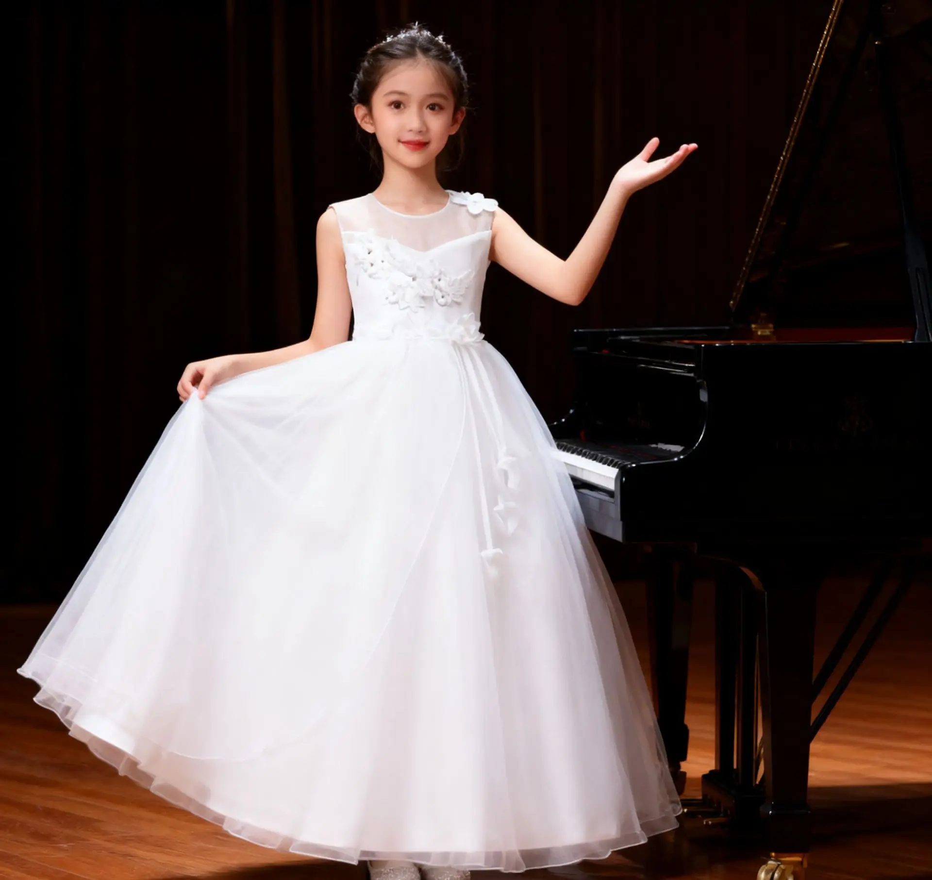 Party Dresses For Girls Flower Princess Dress Elegant Girl Piano Performance Gown Wedding White Bridesmaid Dress For Girls