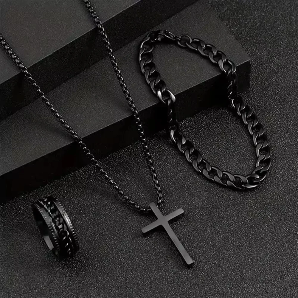 3pcs/set Punk Black Cross Pendant Necklace Thick Chain Necklace Bracelet Ring Jewelry Set Male Hip Hop Daily Wear Accessories