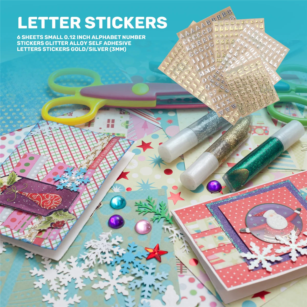 6 Sheets Small 0.12 Inch Alphabet Number Stickers Glitter Alloy Self Adhesive Letters Stickers Gold/Silver (3mm) HY