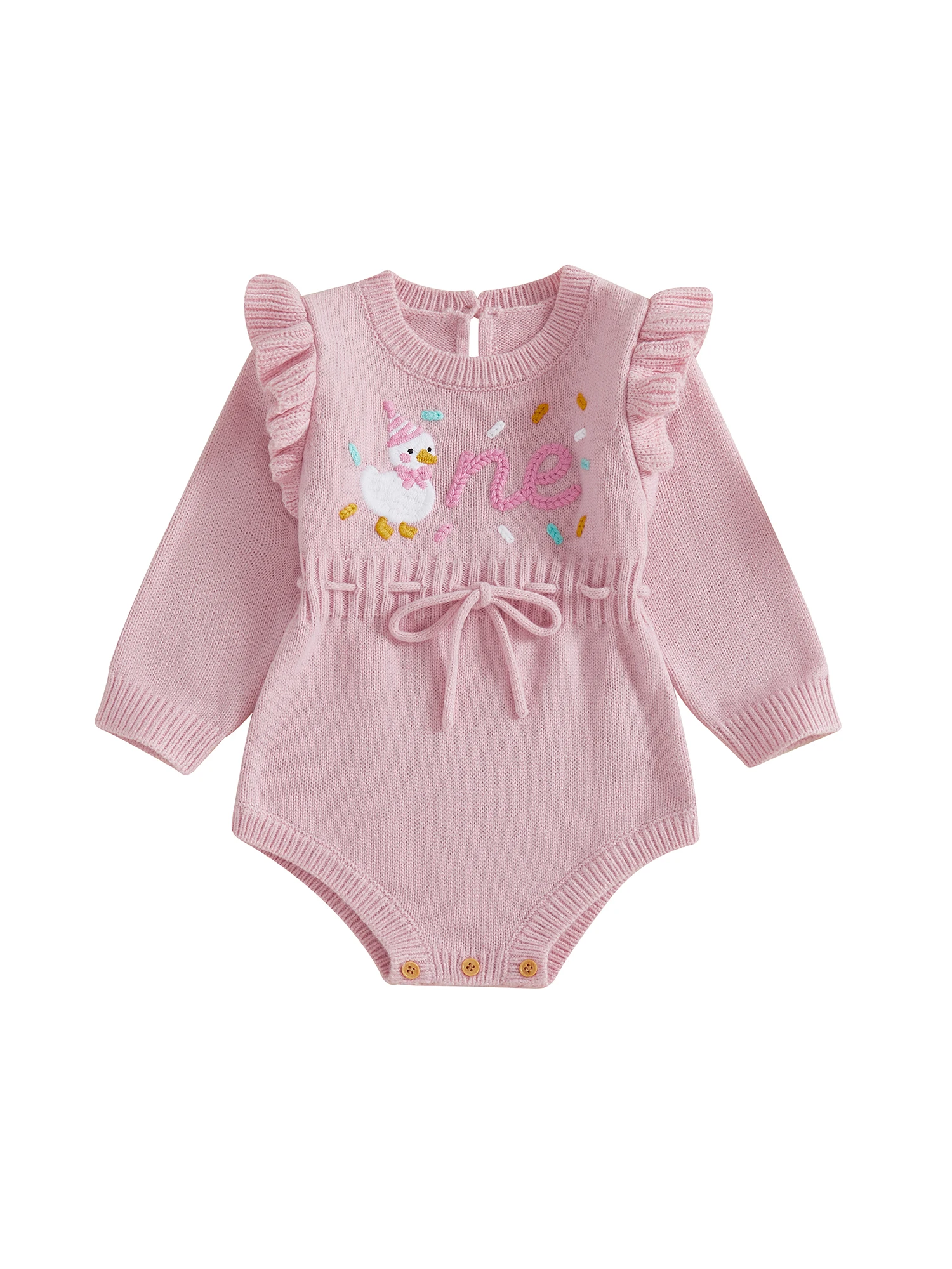 

Infant Girls Birthday Knit Romper with Adorable Goose Embroidery Long Sleeve Round Neck Ruffled Sweater Jumpsuit for Special