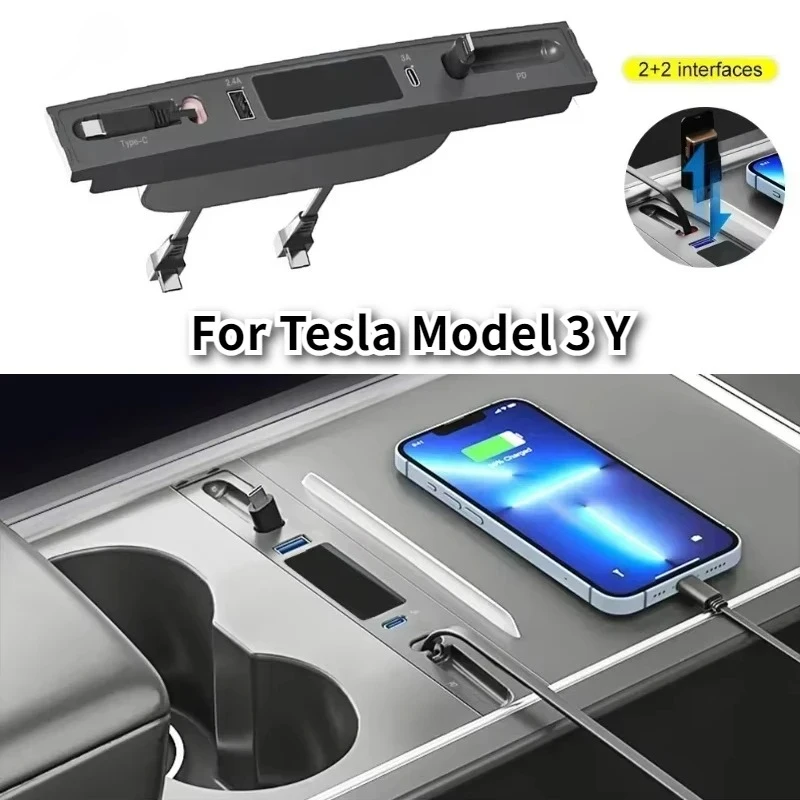 USB Hub Docking Station For Tesla Model 3 Y With Cables Center Console 27W PD Type C Quick Charger Central Control 2021-2023