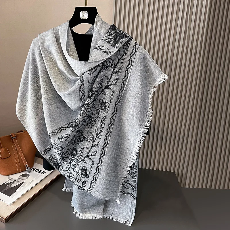 Brand Floral Scarf Shiny Color Shawls Wear it Daily to Keep Warm in Autumn and Winter Double Boho Style Cotton And Linen Scarf