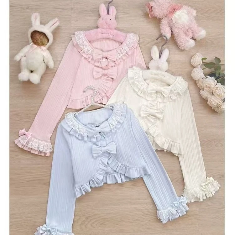 Autumn Winter Sweet Ruffle Lace Bow Sweater Coat Female Japanese
