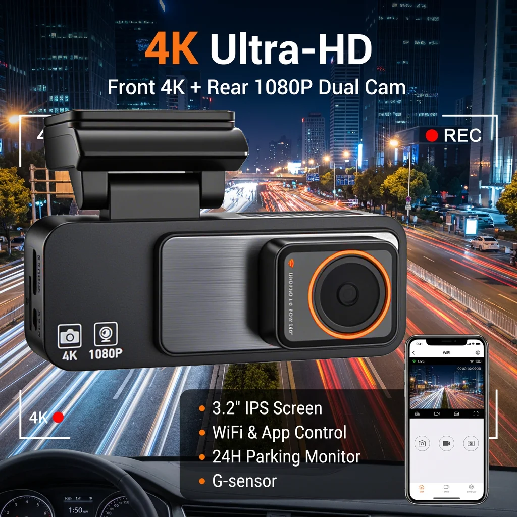 4K Ultra HD 3840*2160P Dash Cam with Dual Cameras, WiFi, Night Vision, G-Sensor, Parking Monitor Car Road Camera