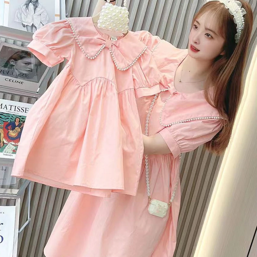 2022 Summer New  Mother Daughter Parent-Child Dress Little Girl Korean Style Pearl Solid Polo Dress Children Dresses For Girls