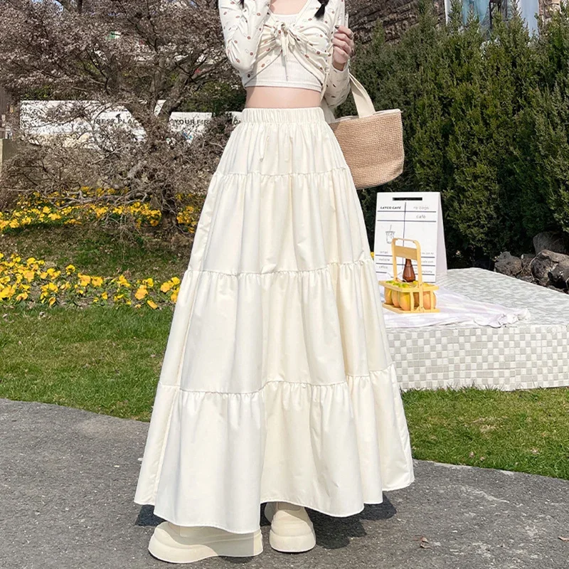 

Korean Style Elastic High Waist White Skirt for Women Summer Loose Pleated Long Skirts Woman 2025 Vacation A Line Umbrella Skirt