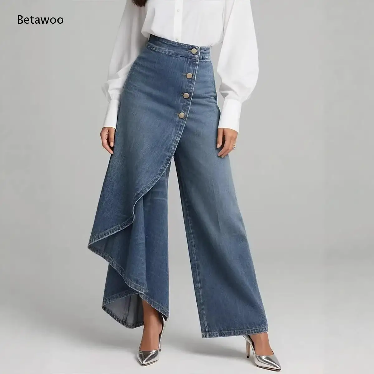 Ladies Mid Rise Wrap Front Denim Wide Leg Pants Diagonal Button Placket Irregular Overlay Vintage Washed Jean Bottoms