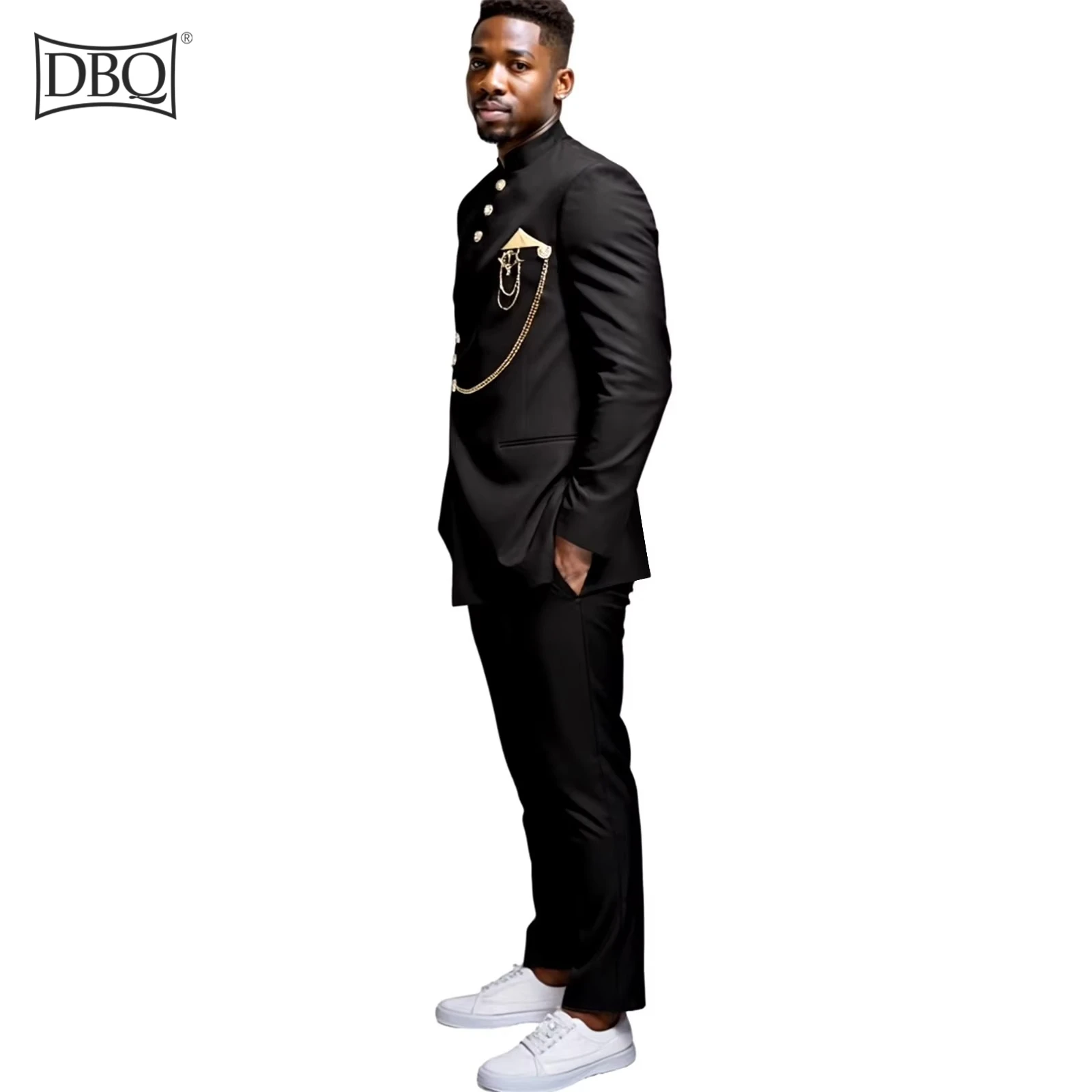 DBQ Men's Slim Fit 2 Piece Suit, Gold Button Chain Kerchief Brooch Solid Jacket Pants Set African Clothes