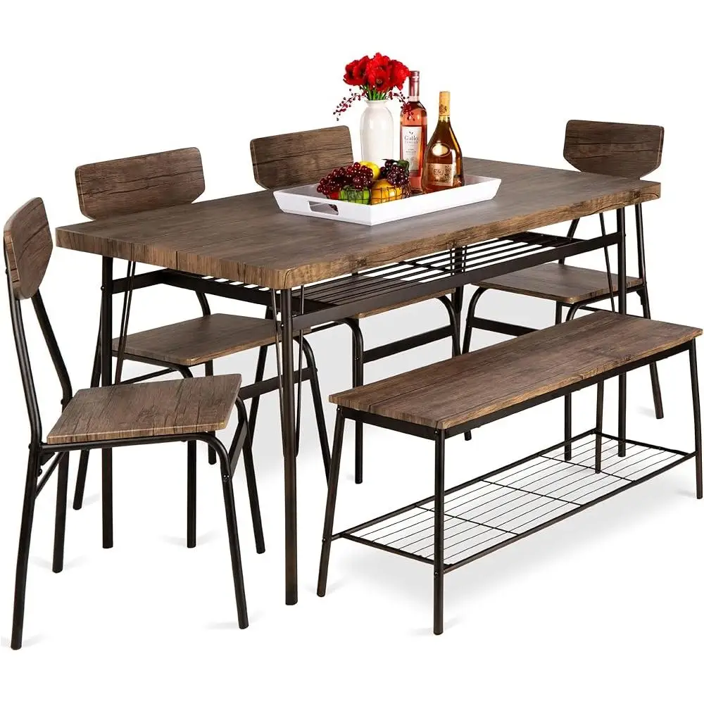 6-Piece Modern Dining Set with Rectangular Table 4 Chairs 2-Person Bench Storage Racks Home Kitchen Dining Room Furniture