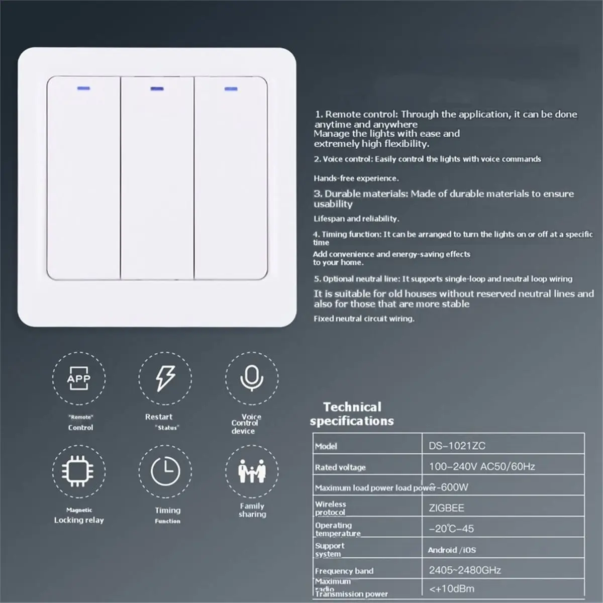 3 Gang Smart Zigbee Wall Light Switch Panel on / Off Push Buttons Wall Switches for Home