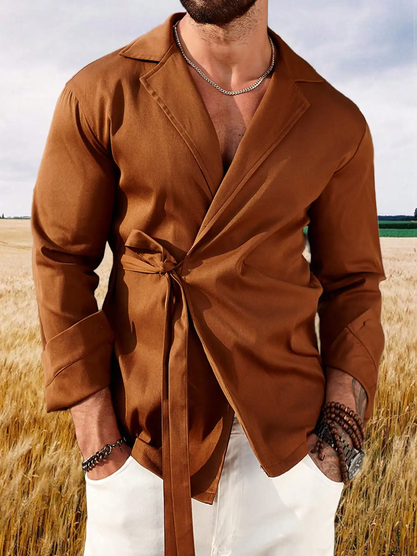 

Men's Wrap Front Tie Shirt, Slim Fit Long Sleeve Rust Brown Vintage Style for Fall