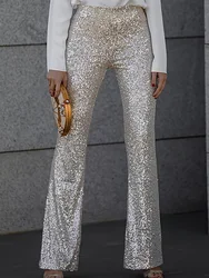 2024 New Women High Waist Sequin Flare Pants Patchwork Sparkle Glitter Lady Slim Trousers Chic Party Clubwear Solid Long Pants