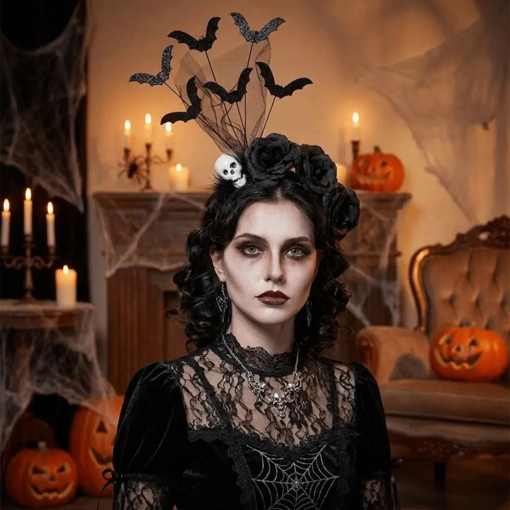 Black Artificial Flowers Halloween Headband Lace Design Spider Web Witch Hairband Rose Flower Bat Party Role-playing Accessory