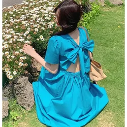 Summer New Solid Round Neck Color Hollow Out Backless Bow Waist High Long Dress Simplicity All-match Korean Women Clothing