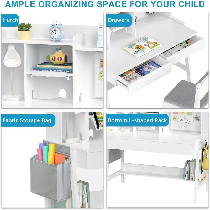 GDLF Kids Study Desk and Chair Set, Adjustable Children Study Table with Chair, Kids Wooden Desk with Hutch, Drawers, Book Stand view 6