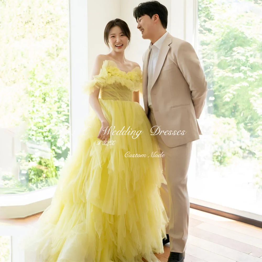 

TULX Yellow V Neck Tulle Evening Dresses Off Shoulder A line Korea Wedding Photo Shoot Dress Long Elegant Party Gown Customized