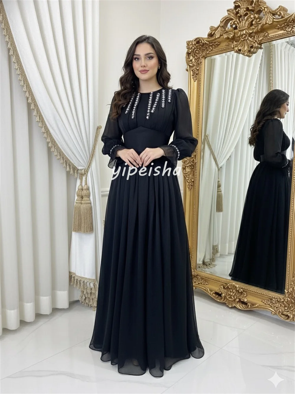 Personalizado exquisito de alta calidad de gasa con diamantes de imitación rebordear una línea de cuello redondo vestidos largos vestidos de noche tamaños disponibles formales