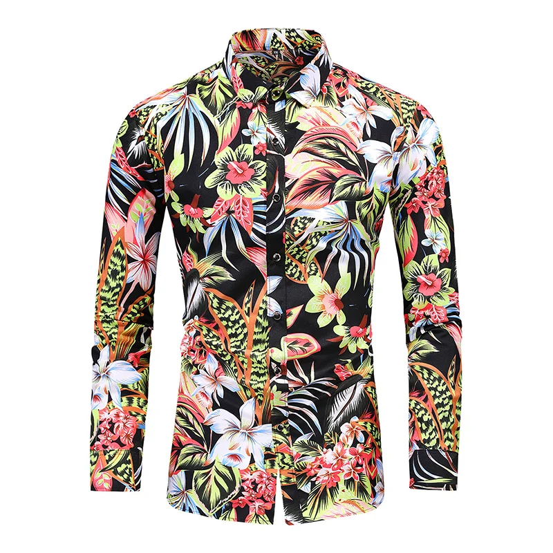 Casual Heren Plus Size Social Vintage Mode Bloemenblad Patroon Lange Mouw Shirt Harajuku Vakantie Y 2K Kleding Custom Nieuw