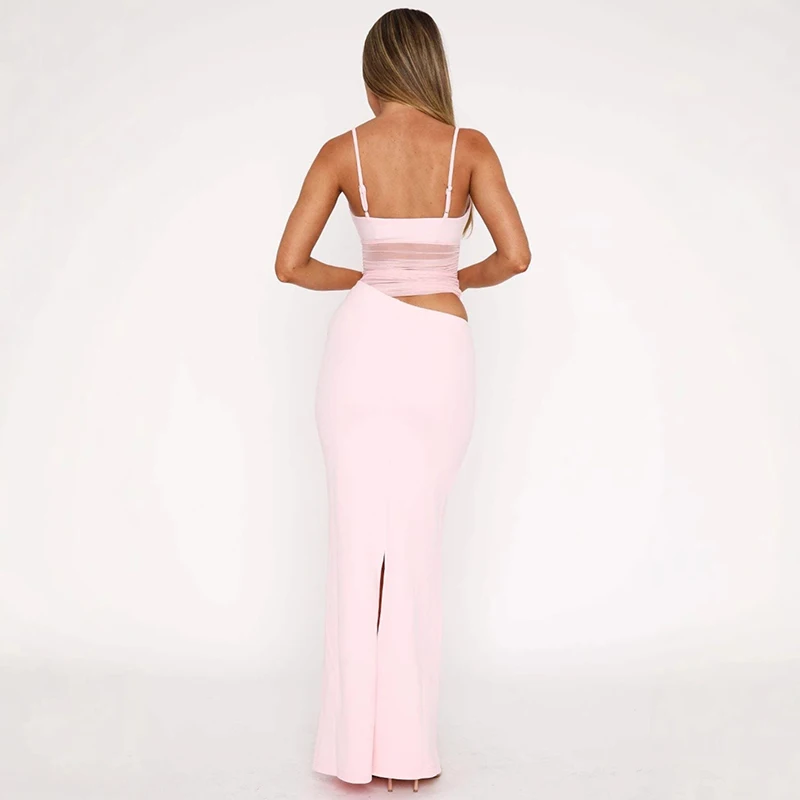 DGLUKE Abiti lunghi con cut-out in rete per donna 2025 Abito da festa sexy patchwork con cinturino per spaghetti Abito lungo estivo elegante senza schienale