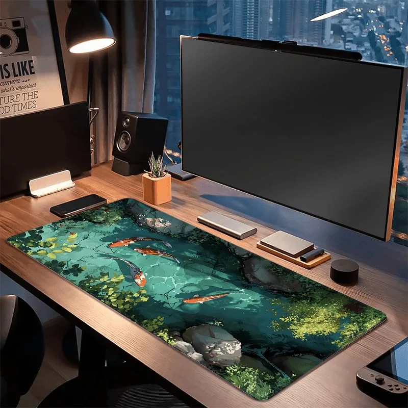 Large koi patterned desk mat, sewn edge gaming mouse mat with beautiful natural scenery, durable and smooth surface, suitable fo