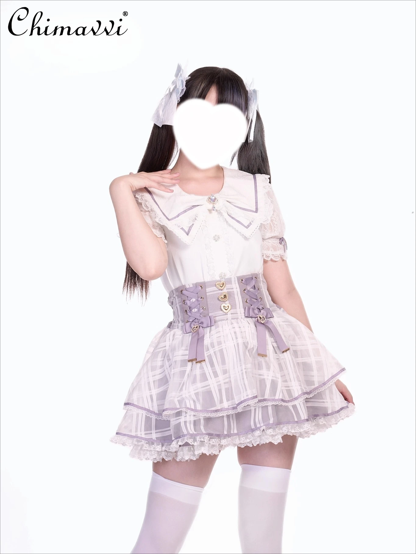 

Original Japanese Style Cute Girl Bow Collar Crown Brooch Shirt Organza Tie Bow Three-Layer Fluffy Cake Skirt Lolita Sets