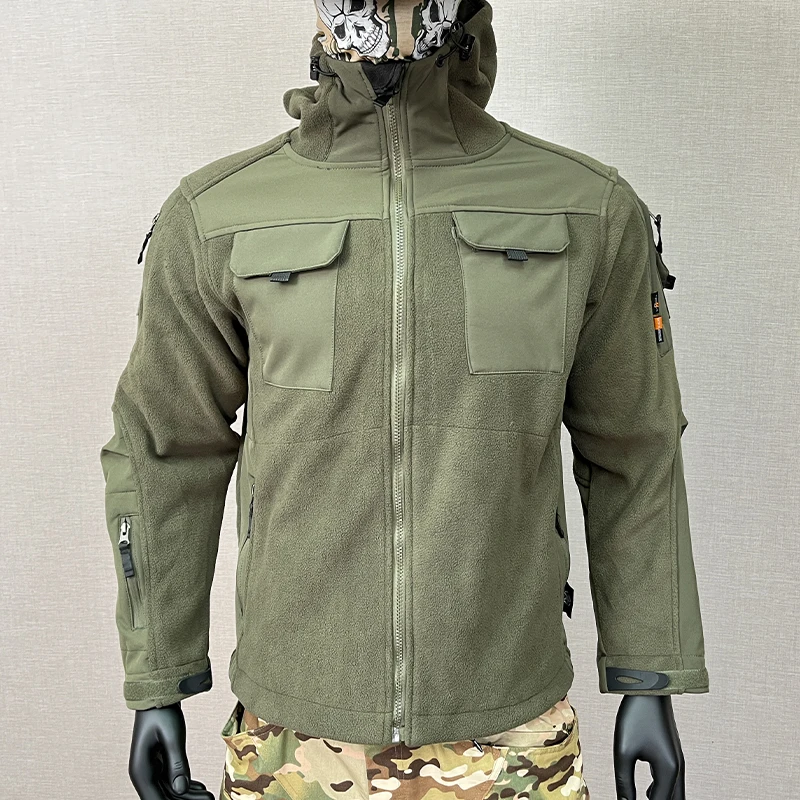 Autumn Winter Tactical Fleece Jacket Men Outdoor Hiking Windproof Warm Hooded Work Coat Camo Softshell Military Jacket Liner