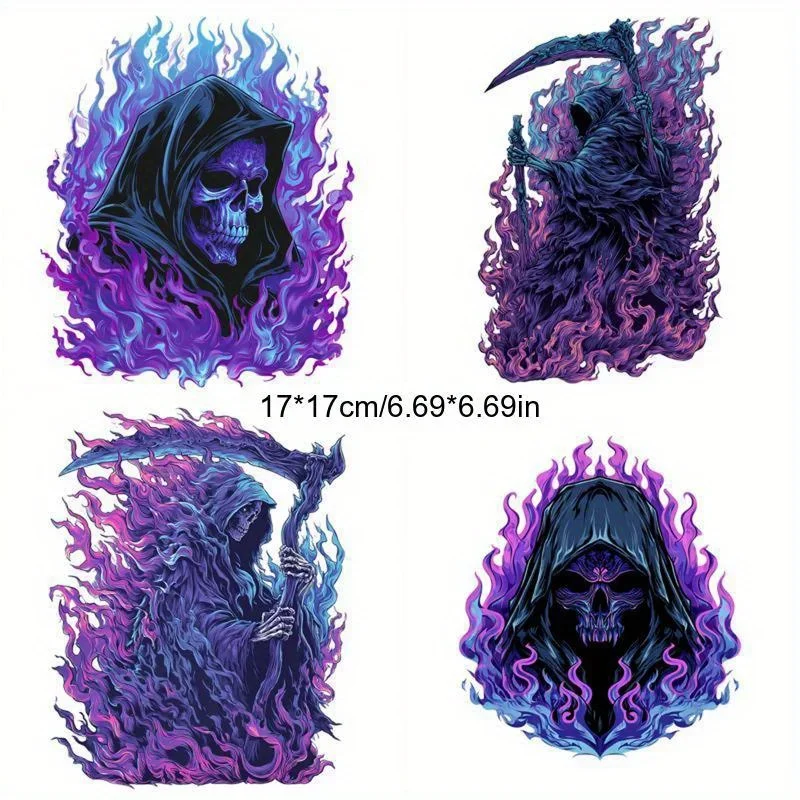 4In1 Purple Flame Grim Reaper Skull Vinyl Decals Waterproof Double Print Scratch Resistant Stickers for Car Motorcycle Decor