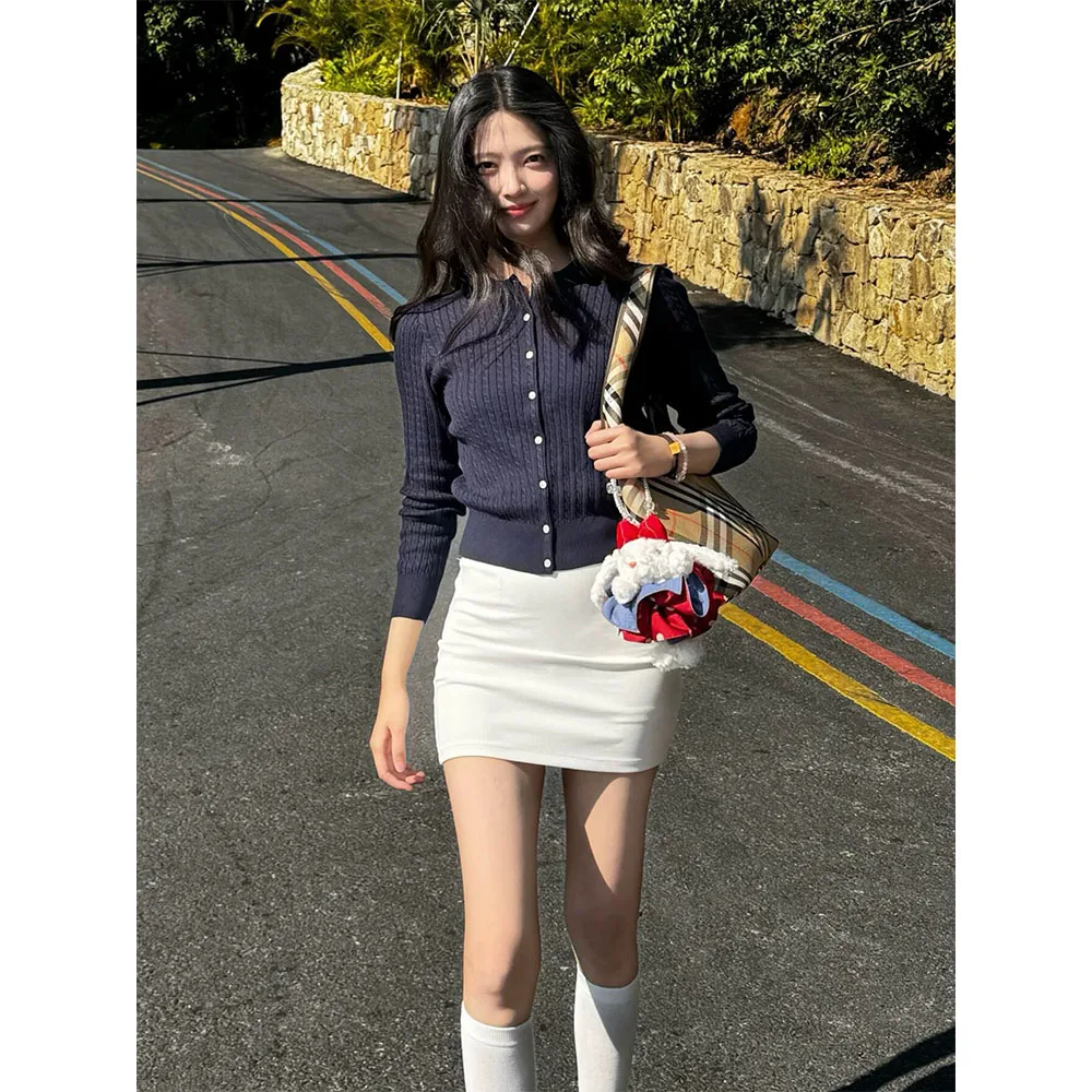 

UVPU Dark Blue 8 Button Open Cardigan Women's Slim Fit Long Sleeve Knitted Sweater Simple Style Chinese Production Spring Season